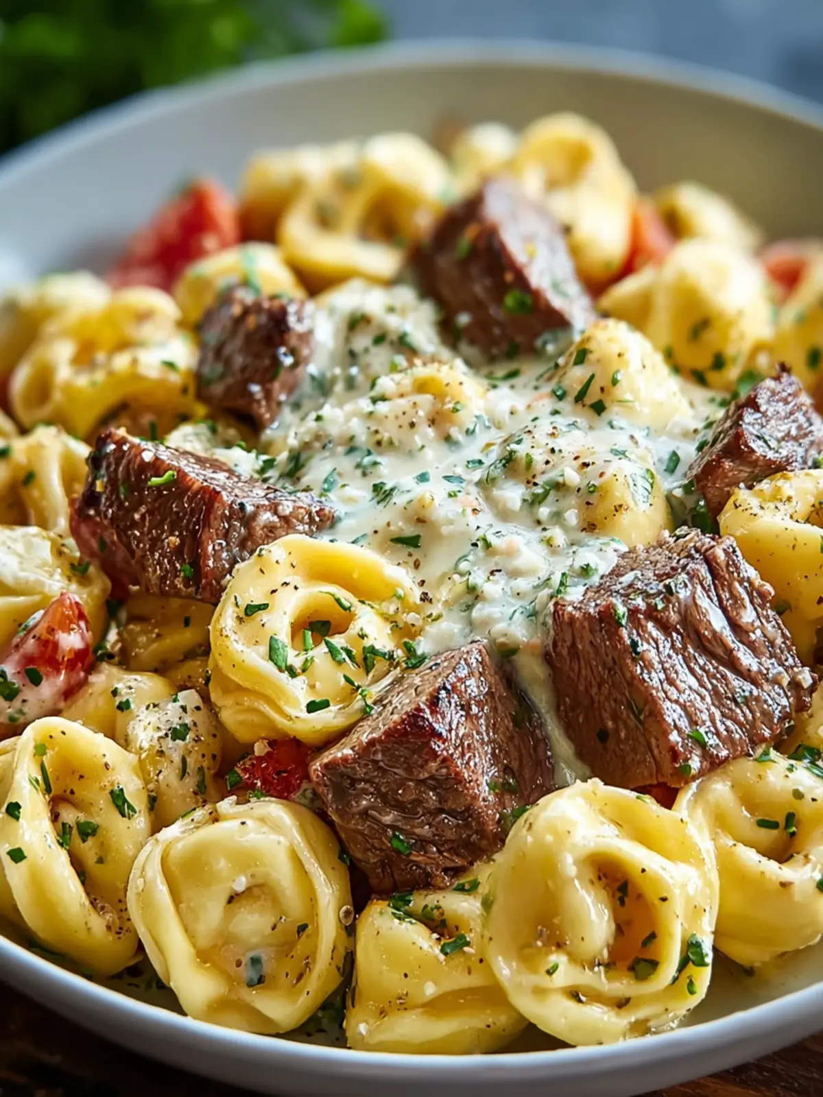 Rich Cracked Garlic Steak Tortellini with Creamhouse Sauce First Image